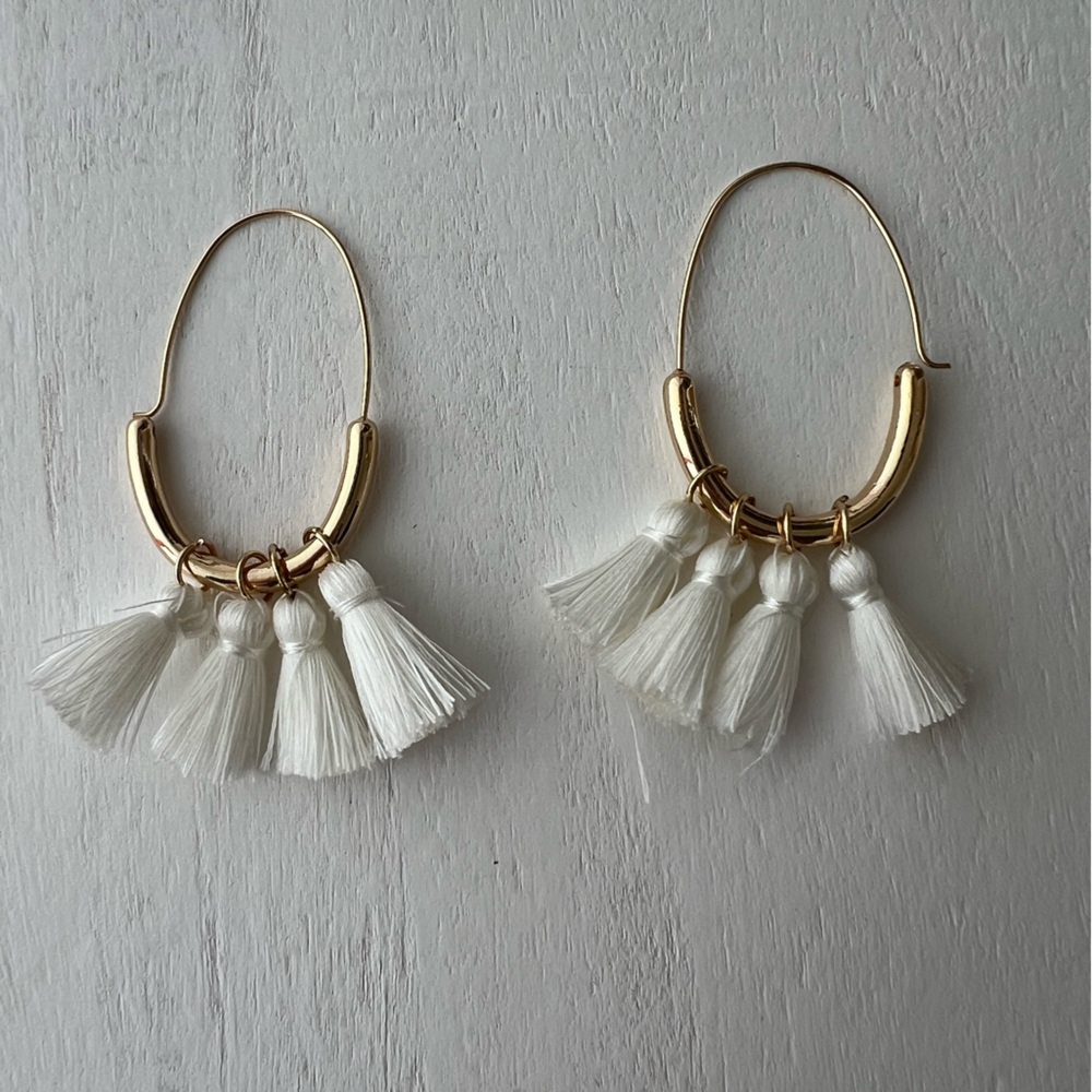 White tassel hoop earrings